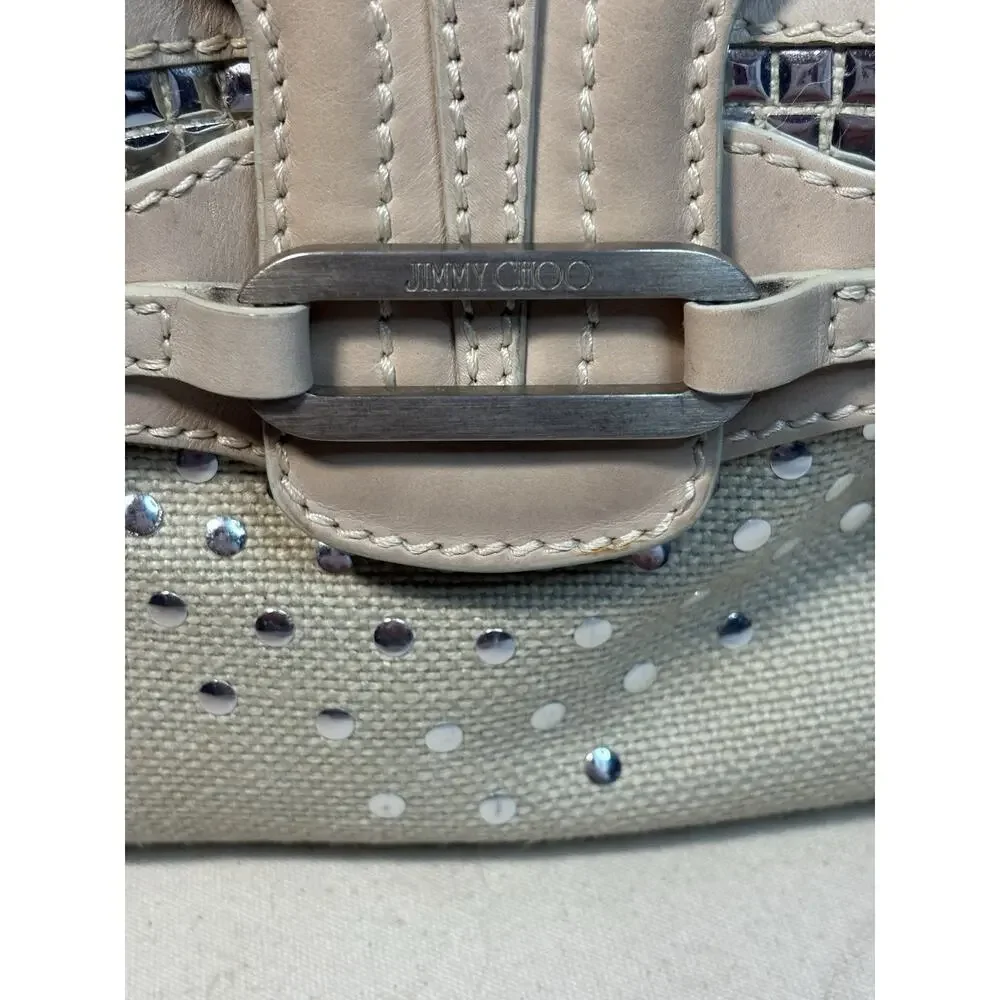 Jimmy Choo Buckle Studded Tulita Hobo Shoulder Bag Tan Canvas - Picture 2 of 16